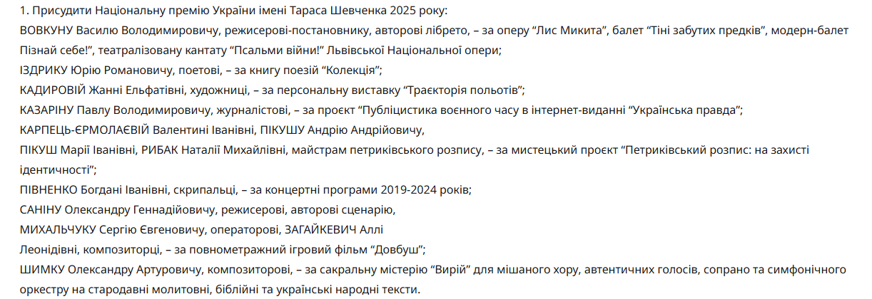 Новини: Оголошено лавреатів Шевченківської премії 2025